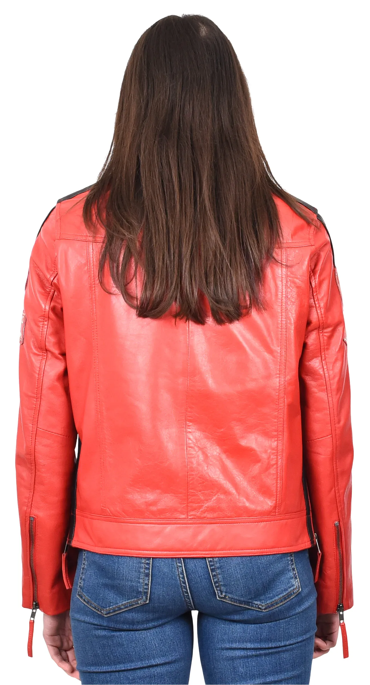 Womens Real Red Leather Cafe Racer Biker Jacket Motorcycle Retro Badges Abby