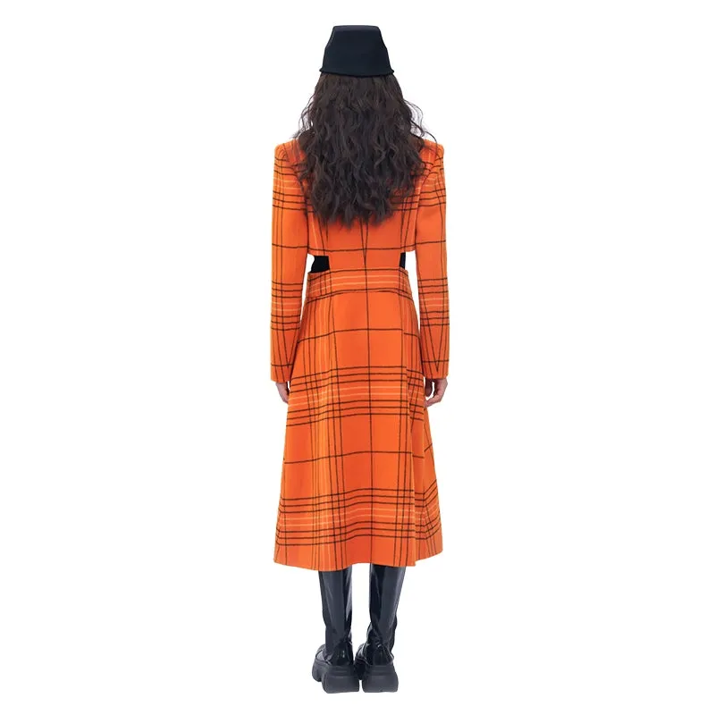 YES BY YESIR autumn winter orange plaid cut-out hollow small waist fine long coat - Kara