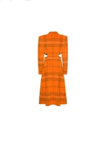 YES BY YESIR autumn winter orange plaid cut-out hollow small waist fine long coat - Kara