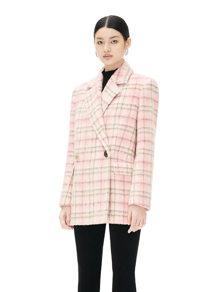YES BY YESIR autumn winter pink women's checkered wool short coat - Abamo
