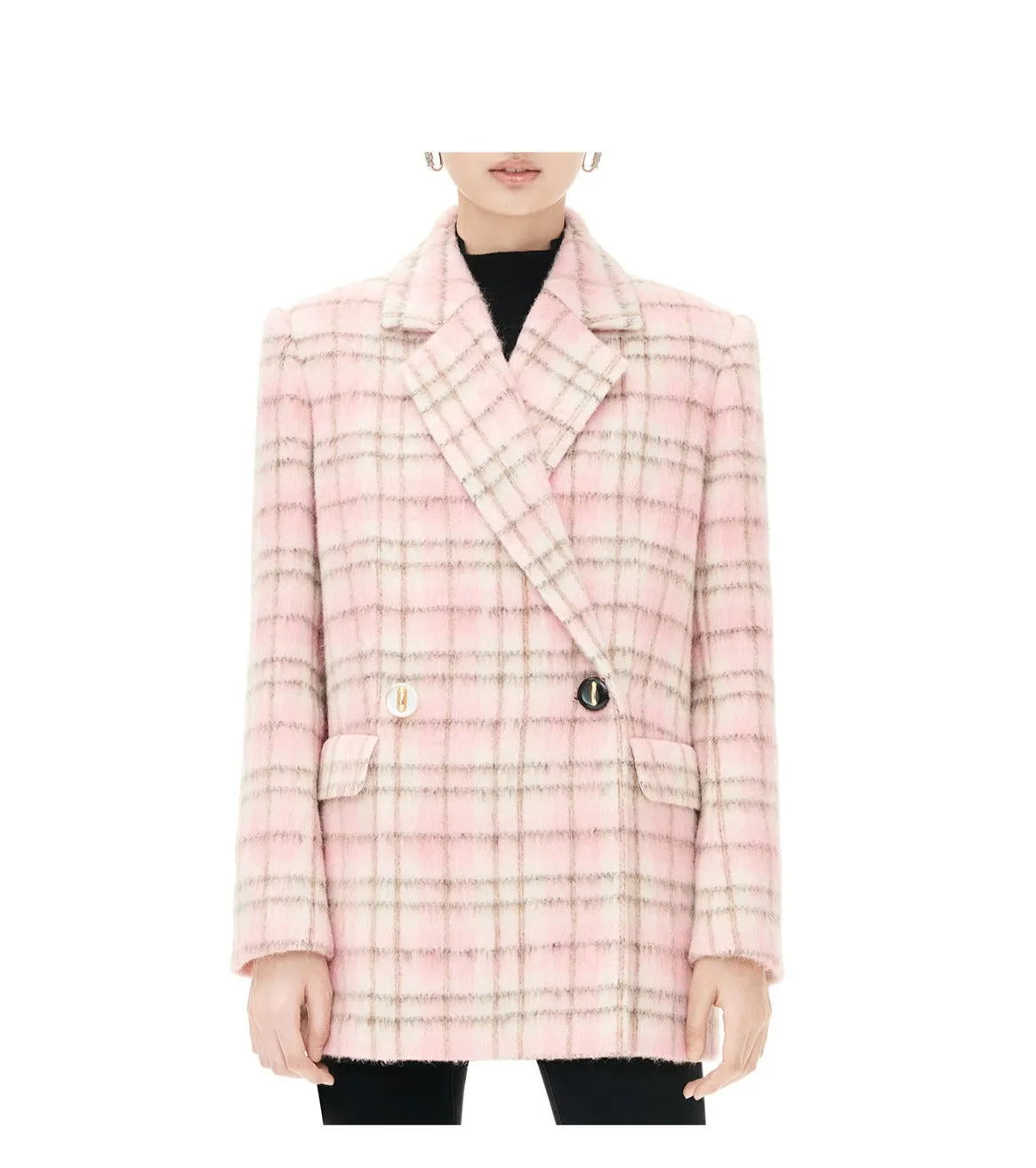 YES BY YESIR autumn winter pink women's checkered wool short coat - Abamo