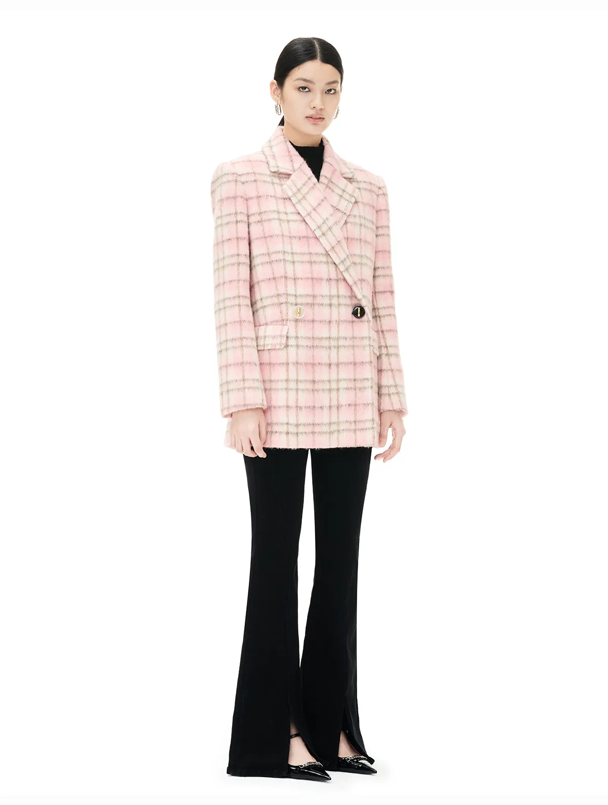 YES BY YESIR autumn winter pink women's checkered wool short coat - Abamo