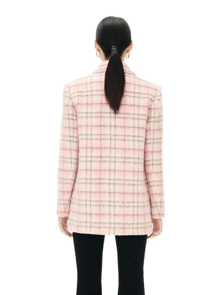 YES BY YESIR autumn winter pink women's checkered wool short coat - Abamo